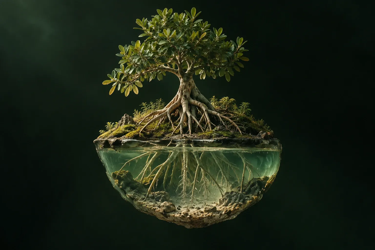 A bonsai tree on a floating island, its roots reaching down through clear water