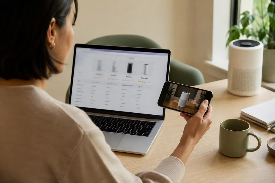 A person comparing air purifiers on a laptop and watching a product video on a smartphone