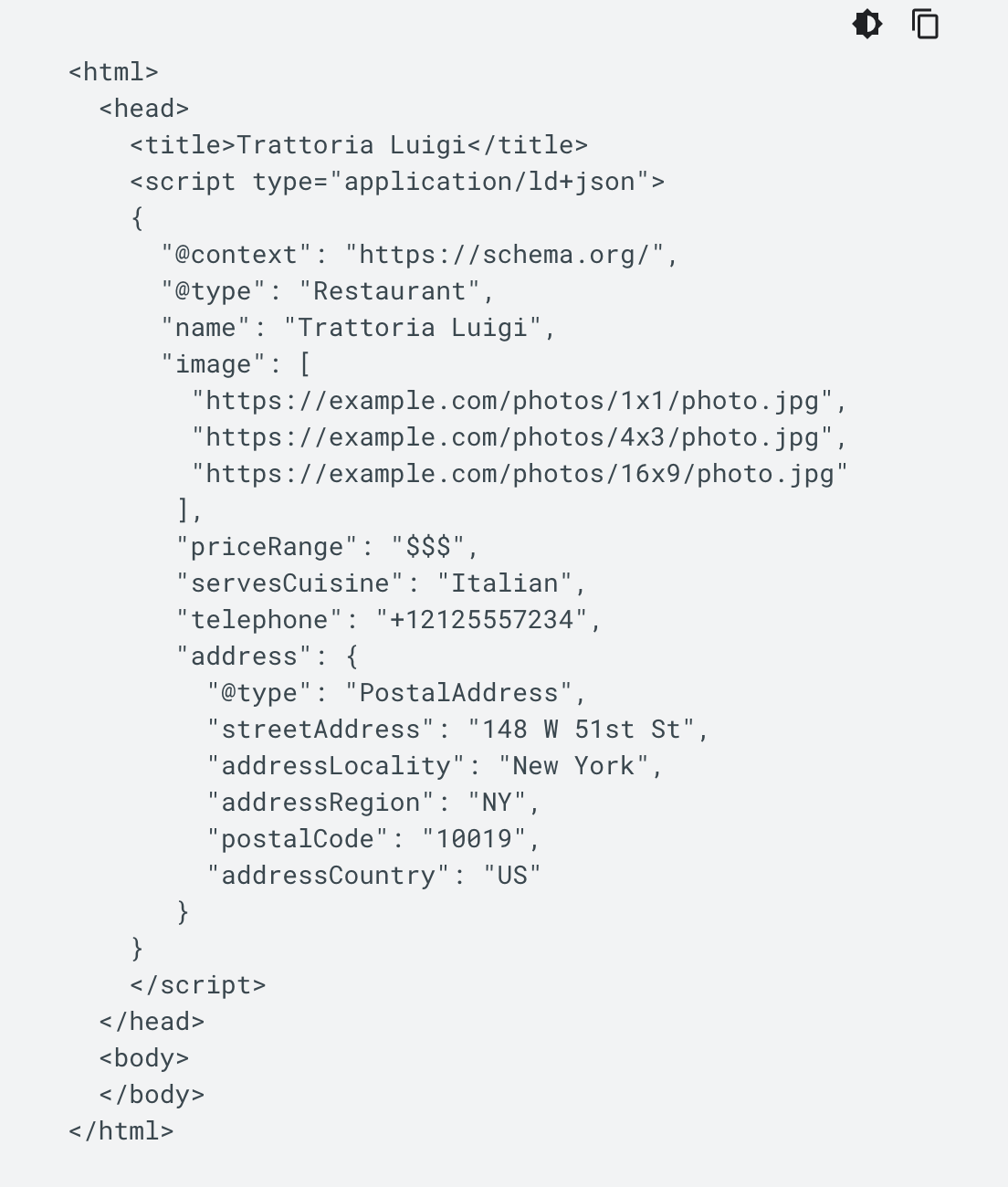 Google’s example Restaurant JSON-LD for the fictional Trattoria Luigi, showing its name, images, price range, cuisine, phone number and postal address.