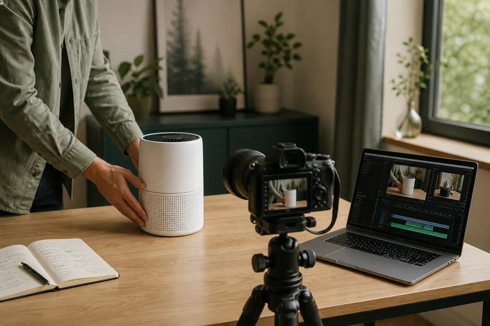 A product demonstration being filmed beside a laptop with a video editing timeline