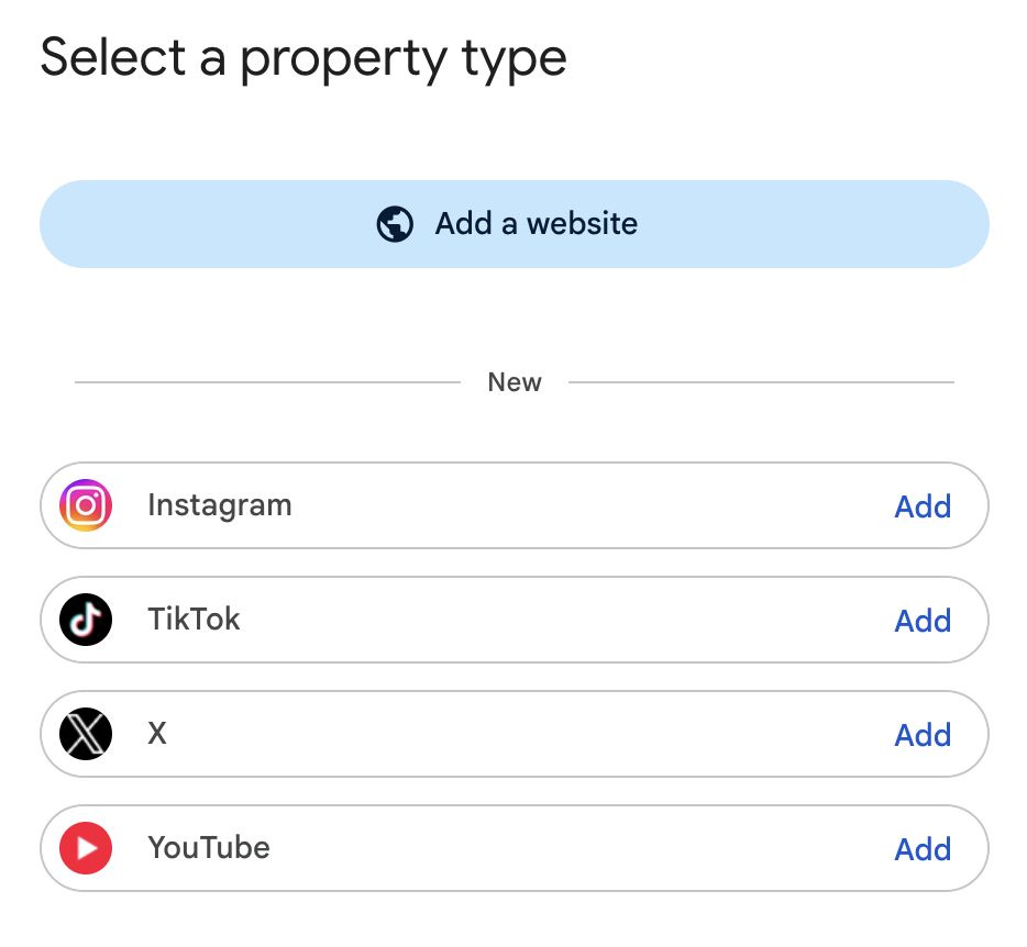 Search Console property selector showing Add a website and Add options for Instagram, TikTok, X and YouTube.