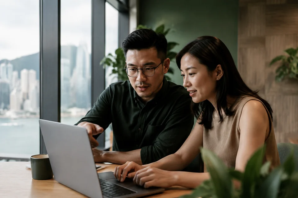 Professionals reviewing a website together in a naturally lit Hong Kong studio