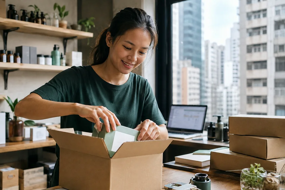 Hong Kong small-business owner packing an online order in her studio