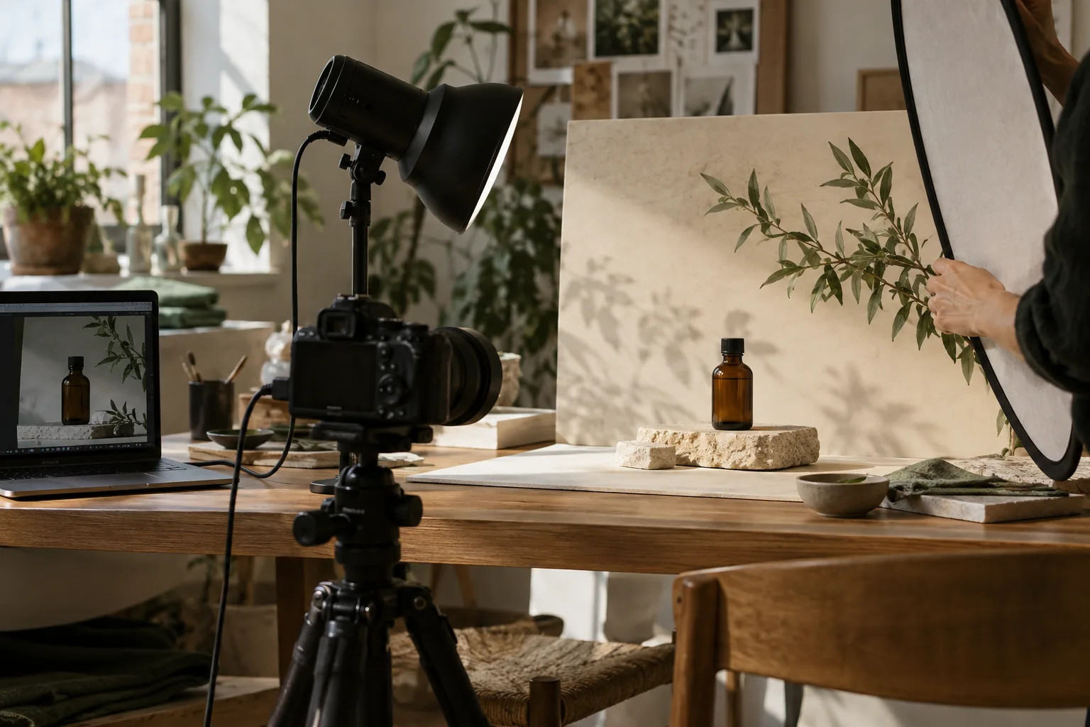 Illustrative working product photography setup with an amber bottle, camera, laptop and botanical shadows
