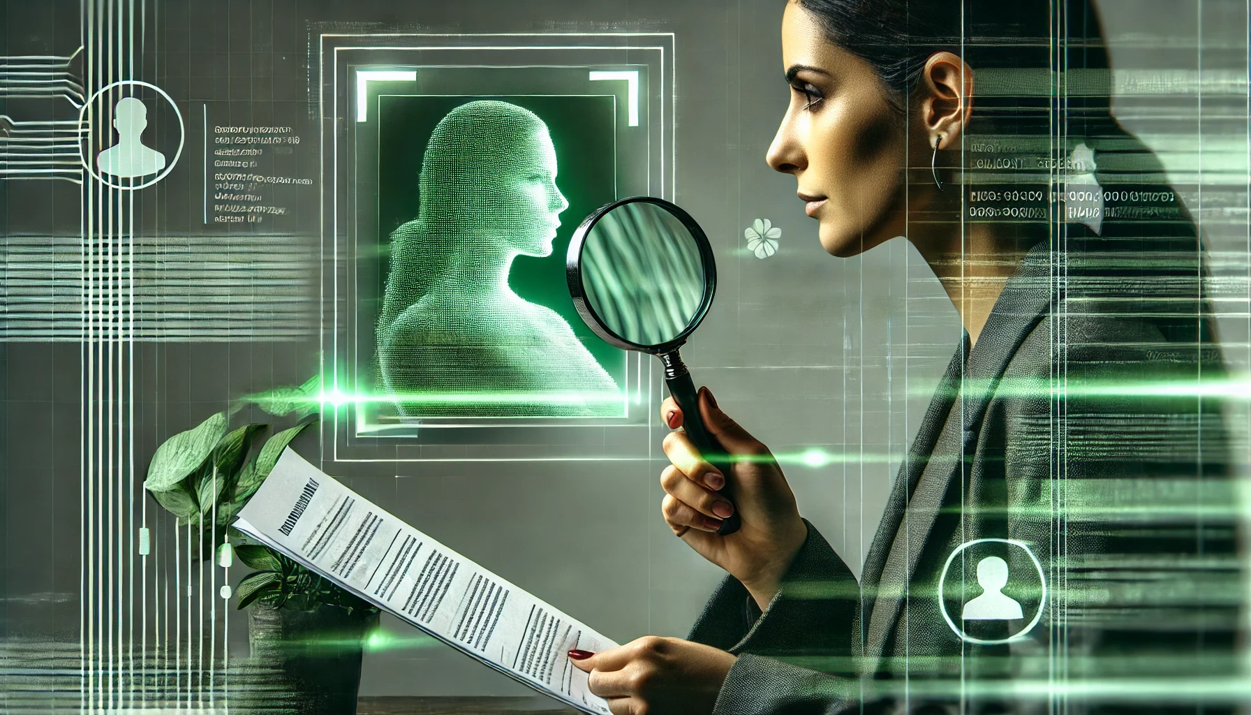 Cyber-inspired close-up of a person using a magnifying lens to examine documents, with a grey background and green as the main color. The image features a futuristic digital style, with subtle technological elements like glowing lines and data patterns